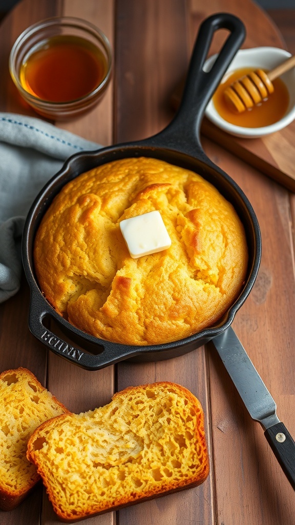 A golden-brown cornbread loaf in a cast-iron skillet with butter, honey, and slices on a wooden table.
